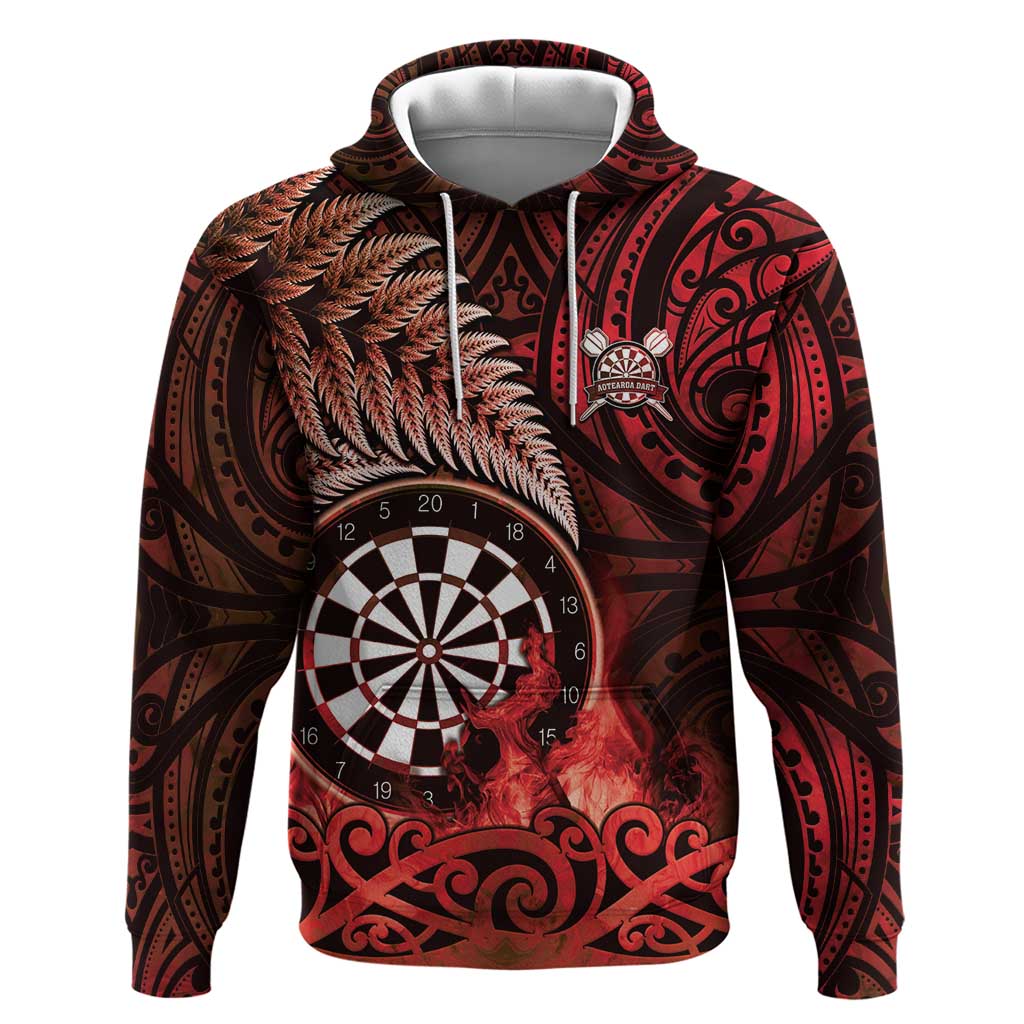 Personalised New Zealand Darts Hoodie Maori Koru Dartboard Red Flame
