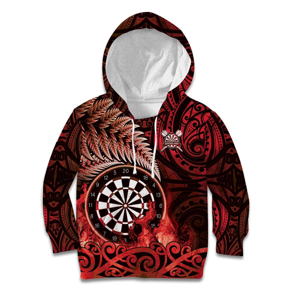 Personalised New Zealand Darts Kid Hoodie Maori Koru Dartboard Red Flame