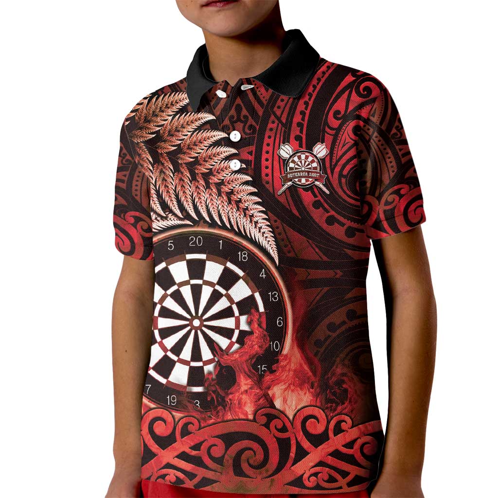 Personalised New Zealand Darts Kid Polo Shirt Maori Koru Dartboard Red Flame
