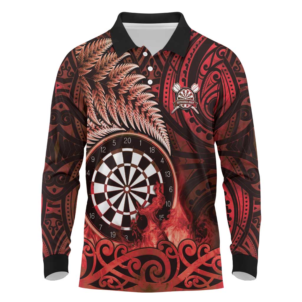 Personalised New Zealand Darts Long Sleeve Polo Shirt Maori Koru Dartboard Red Flame LT05 Red - Polynesian Pride