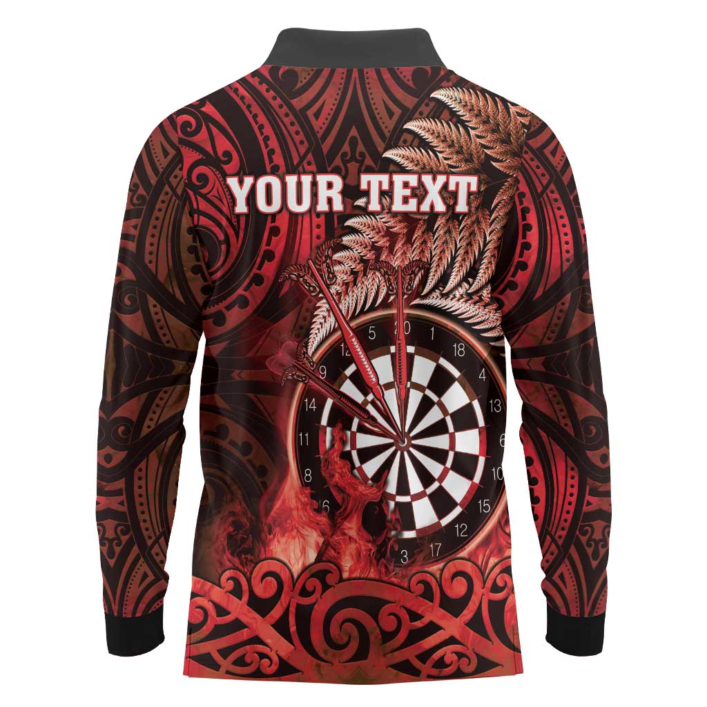 Personalised New Zealand Darts Long Sleeve Polo Shirt Maori Koru Dartboard Red Flame LT05 - Polynesian Pride