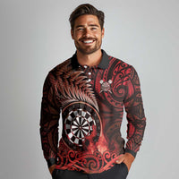 Personalised New Zealand Darts Long Sleeve Polo Shirt Maori Koru Dartboard Red Flame LT05 - Polynesian Pride