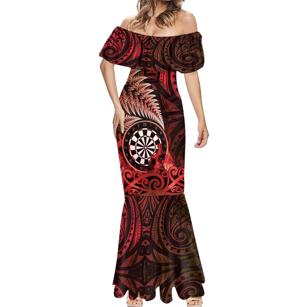 Personalised New Zealand Darts Mermaid Dress Maori Koru Dartboard Red Flame
