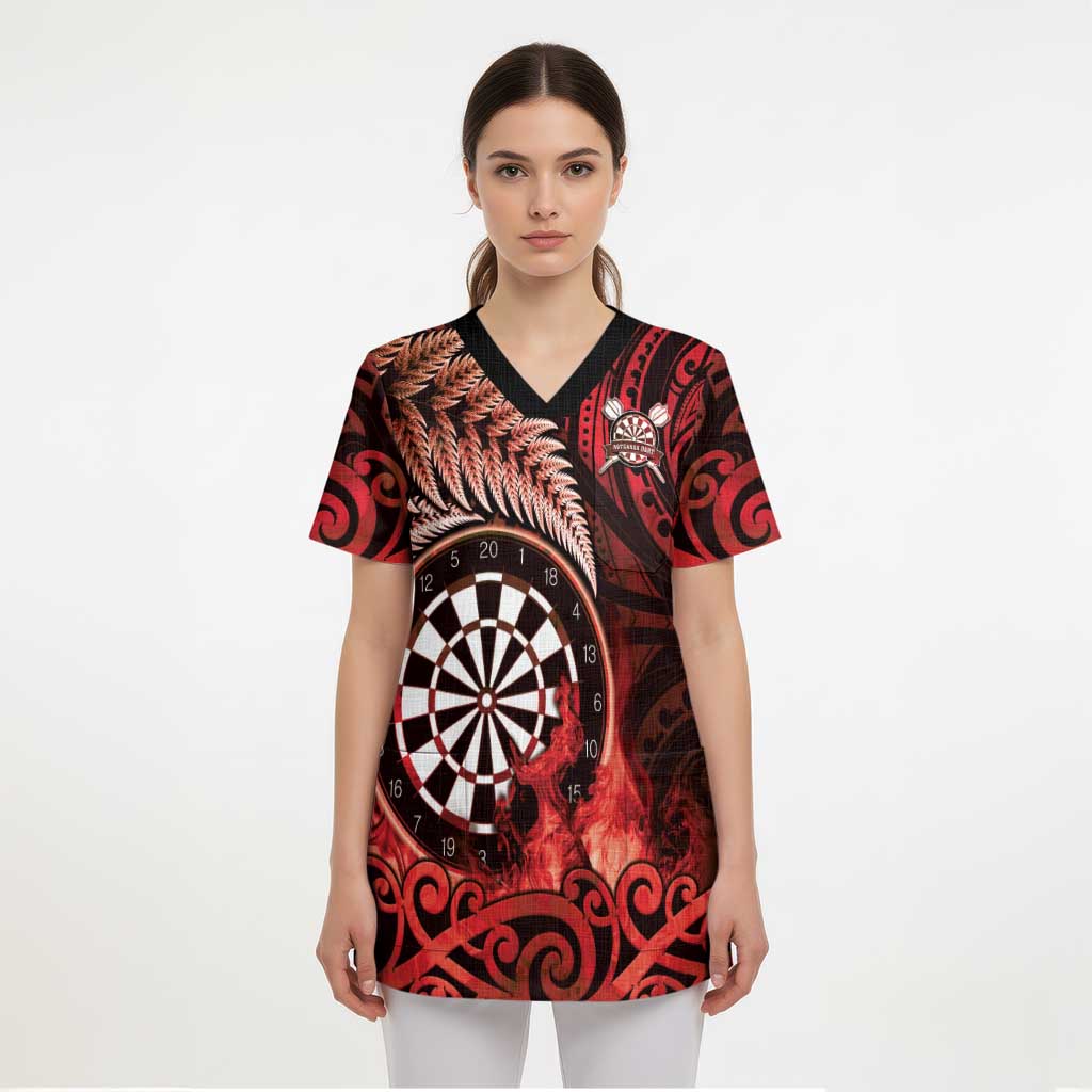 Personalised New Zealand Darts Scrub Top Maori Koru Dartboard Red Flame - Polynesian Pride