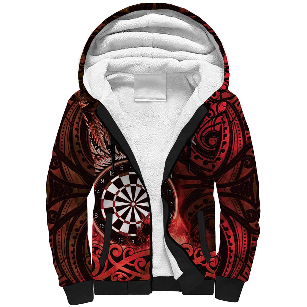 Personalised New Zealand Darts Sherpa Hoodie Maori Koru Dartboard Red Flame