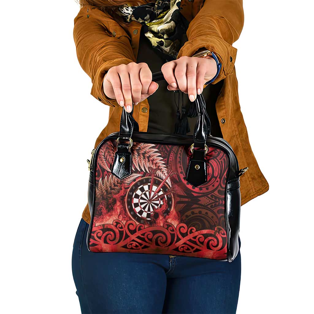 New Zealand Darts Shoulder Handbag Maori Koru Dartboard Red Flame