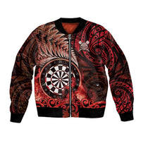 Personalised New Zealand Darts Sleeve Zip Bomber Jacket Maori Koru Dartboard Red Flame