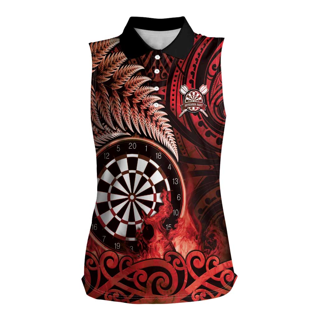 Personalised New Zealand Darts Women Sleeveless Polo Shirt Maori Koru Dartboard Red Flame