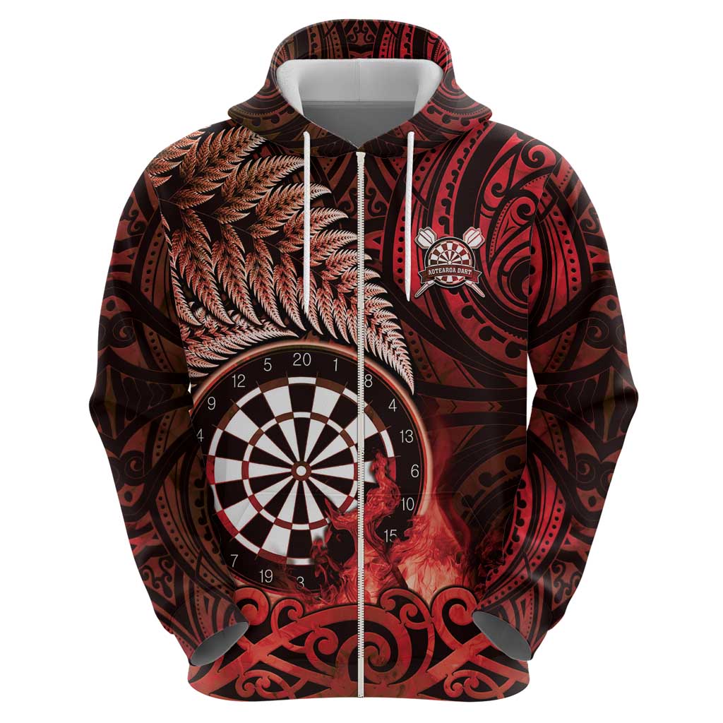 Personalised New Zealand Darts Zip Hoodie Maori Koru Dartboard Red Flame