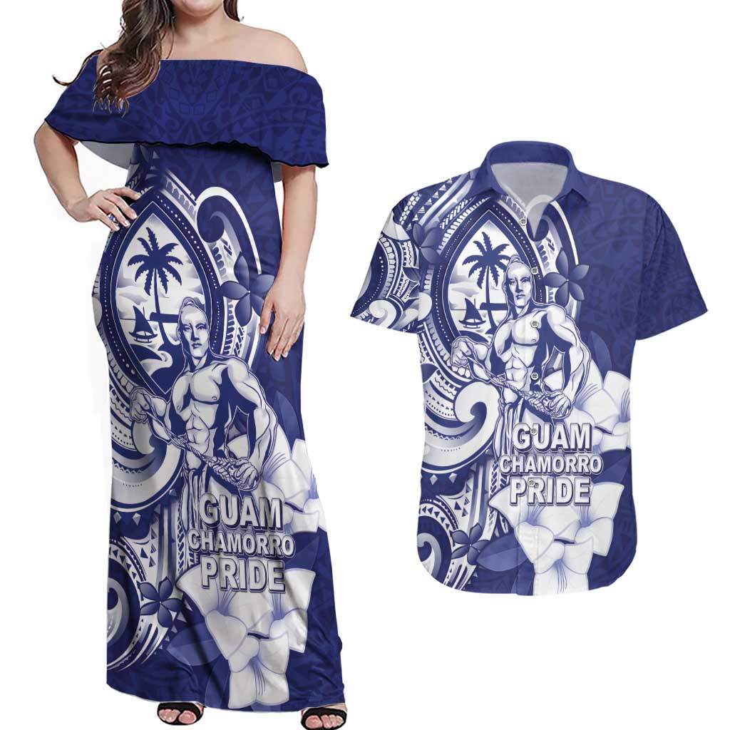 Guam Chief Quipuha Couples Matching Off Shoulder Maxi Dress and Hawaiian Shirt Polynesian Pattern With Guasali Flowers
