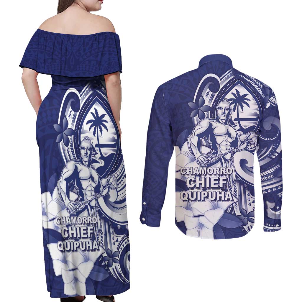 Guam Chief Quipuha Couples Matching Off Shoulder Maxi Dress and Long Sleeve Button Shirt Polynesian Pattern With Guasali Flowers