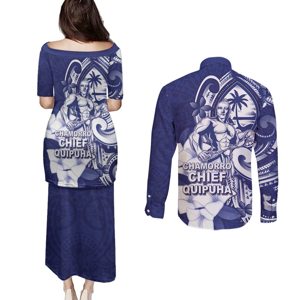 Guam Chief Quipuha Couples Matching Puletasi and Long Sleeve Button Shirt Polynesian Pattern With Guasali Flowers