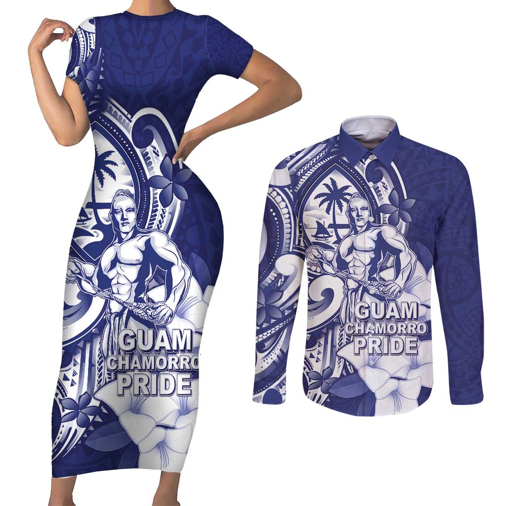 Guam Chief Quipuha Couples Matching Short Sleeve Bodycon Dress and Long Sleeve Button Shirt Polynesian Pattern With Guasali Flowers