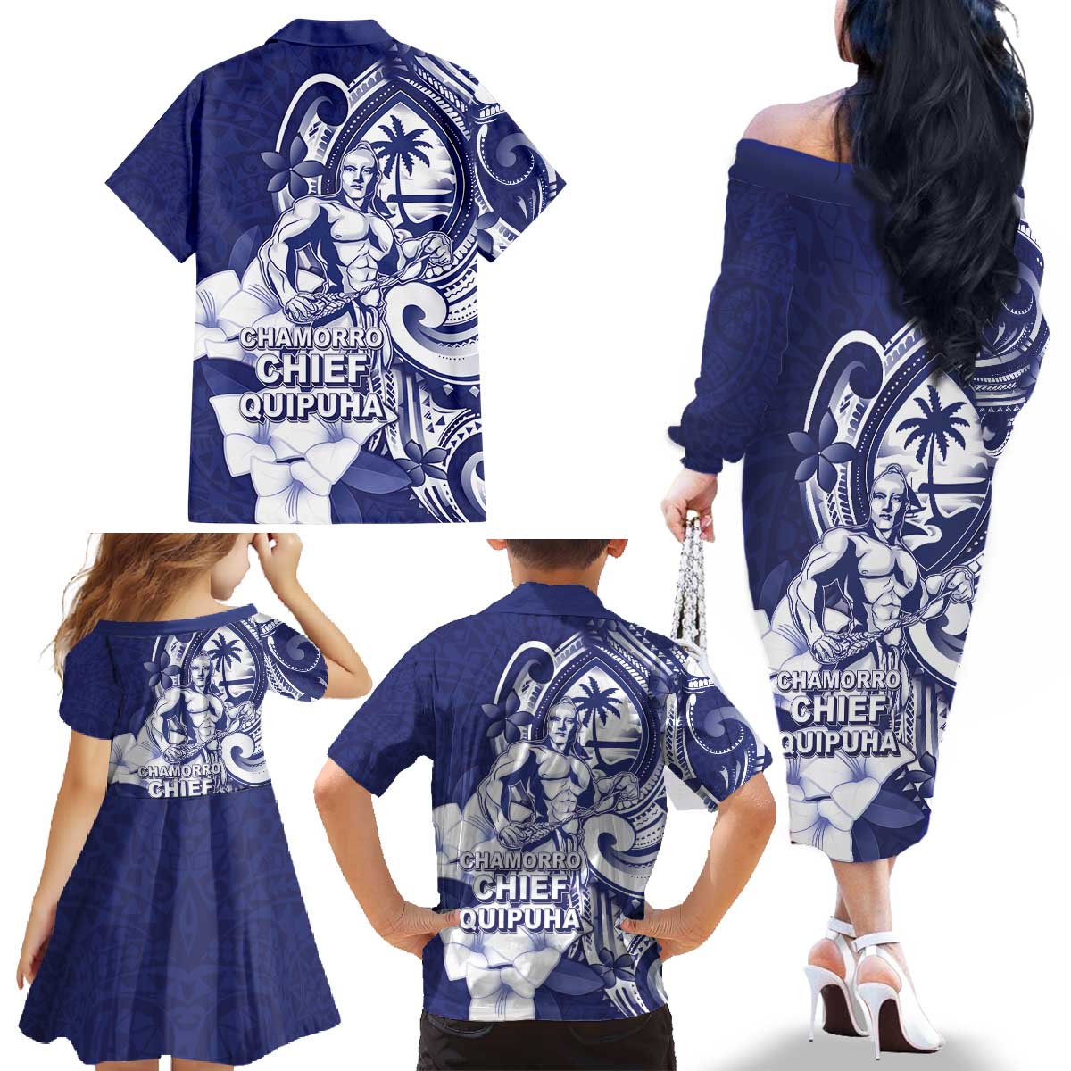Guam Chief Quipuha Family Matching Off The Shoulder Long Sleeve Dress and Hawaiian Shirt Polynesian Pattern With Guasali Flowers
