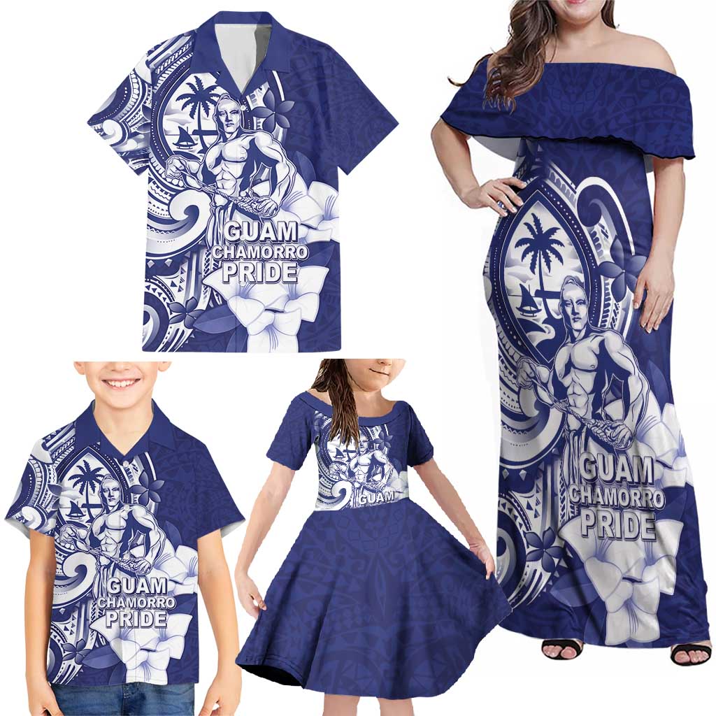 Guam Chief Quipuha Family Matching Off Shoulder Maxi Dress and Hawaiian Shirt Polynesian Pattern With Guasali Flowers