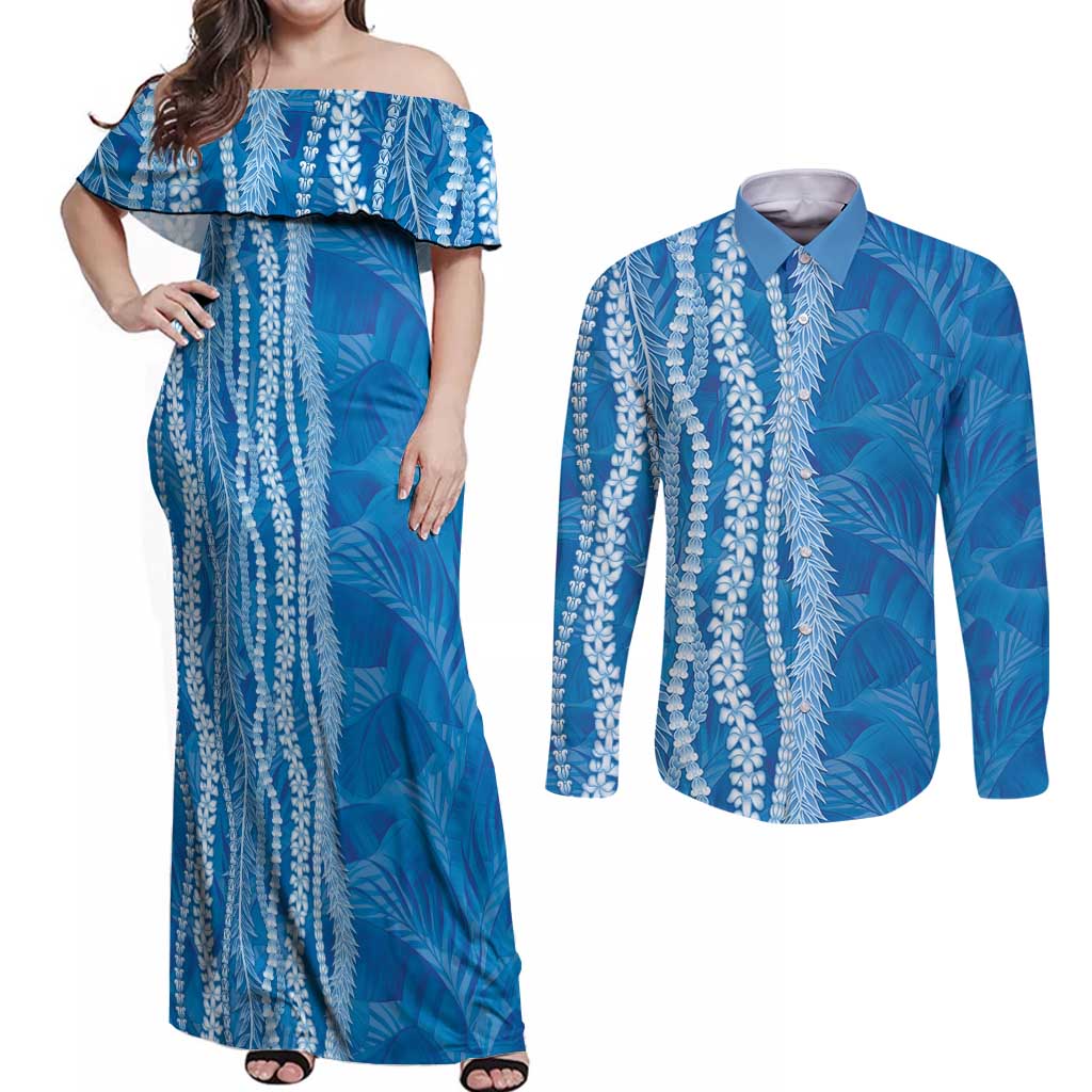 Hawaii Prince Kuhio Couples Matching Off Shoulder Maxi Dress and Long Sleeve Button Shirt Blue Hawaiian Lau Maia With Leis