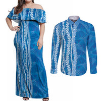 Hawaii Prince Kuhio Couples Matching Off Shoulder Maxi Dress and Long Sleeve Button Shirt Blue Hawaiian Lau Maia With Leis