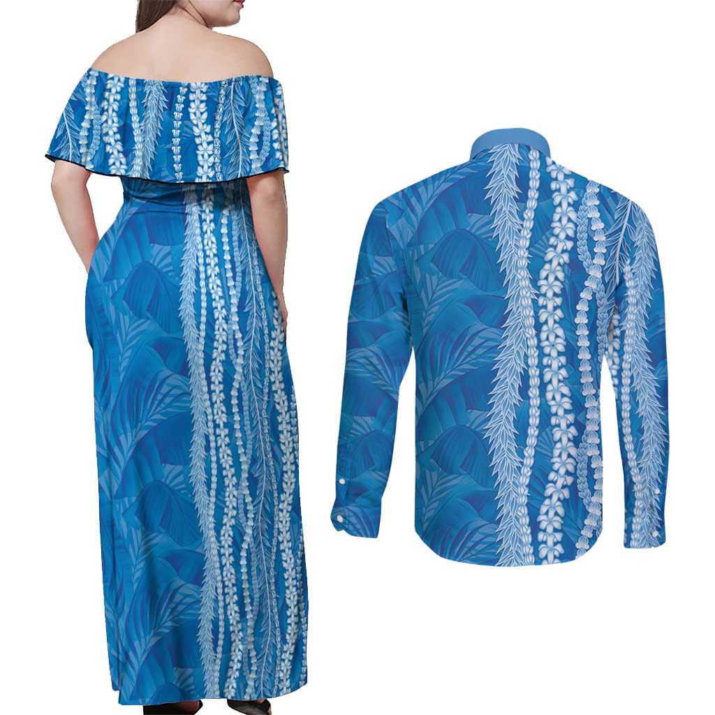 Hawaii Prince Kuhio Couples Matching Off Shoulder Maxi Dress and Long Sleeve Button Shirt Blue Hawaiian Lau Maia With Leis
