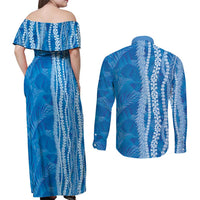 Hawaii Prince Kuhio Couples Matching Off Shoulder Maxi Dress and Long Sleeve Button Shirt Blue Hawaiian Lau Maia With Leis