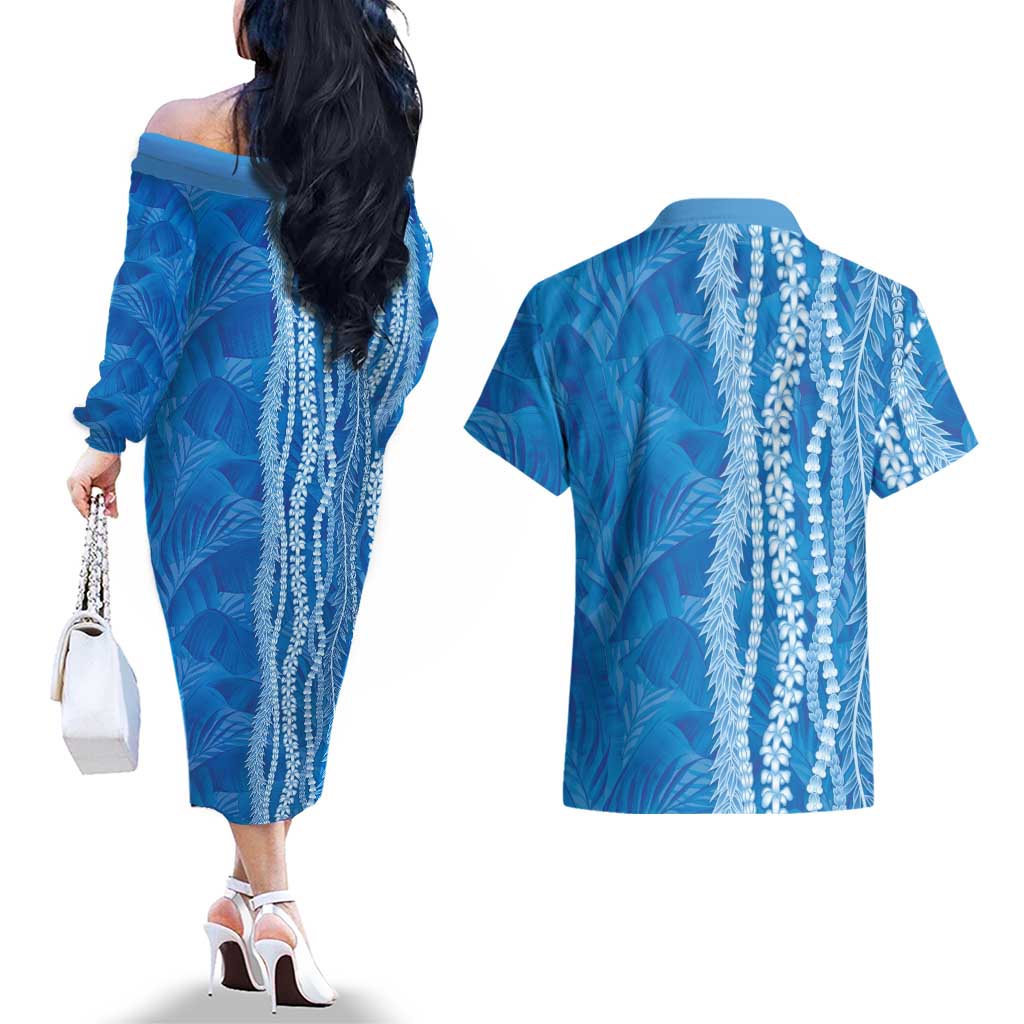 Hawaii Prince Kuhio Couples Matching Off The Shoulder Long Sleeve Dress and Hawaiian Shirt Blue Hawaiian Lau Maia With Leis