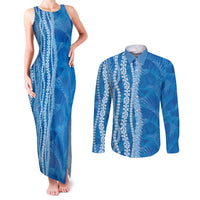 Hawaii Prince Kuhio Couples Matching Tank Maxi Dress and Long Sleeve Button Shirt Blue Hawaiian Lau Maia With Leis