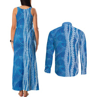 Hawaii Prince Kuhio Couples Matching Tank Maxi Dress and Long Sleeve Button Shirt Blue Hawaiian Lau Maia With Leis