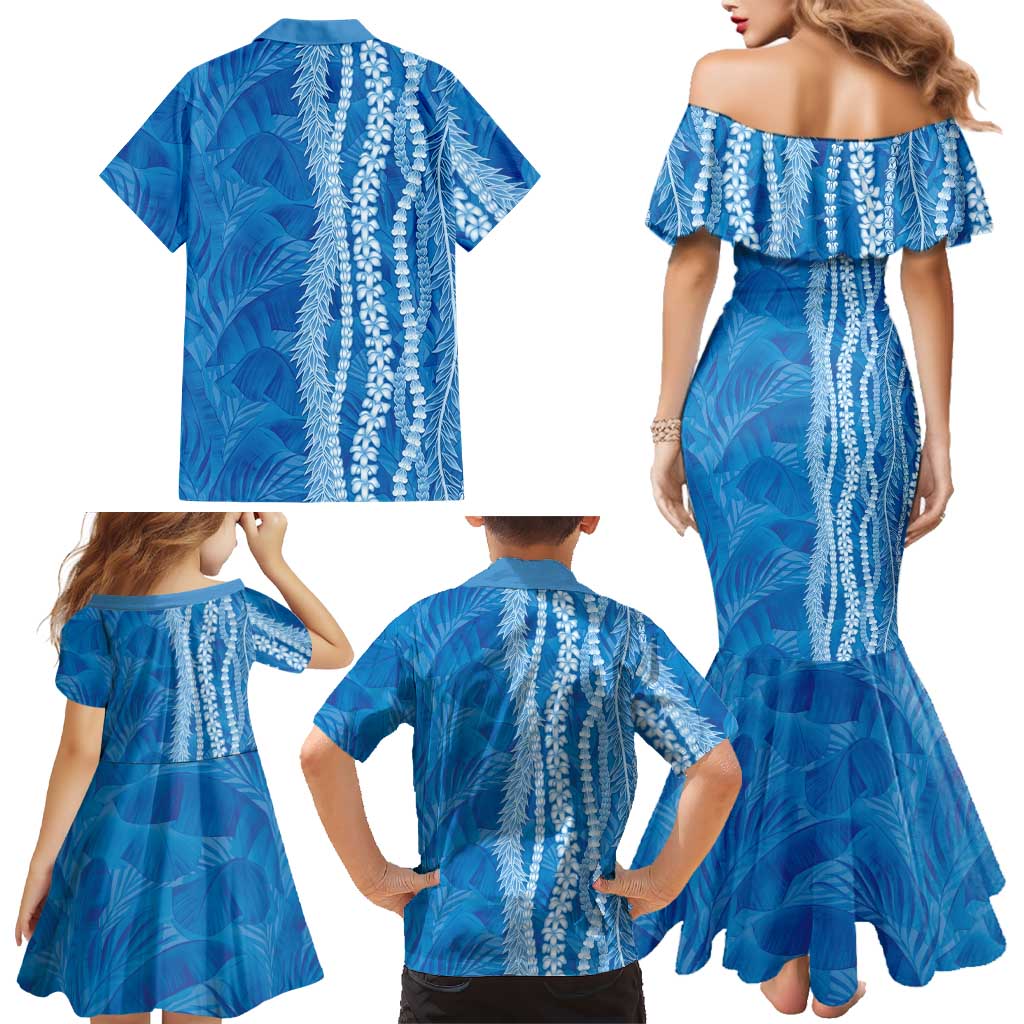 Hawaii Prince Kuhio Family Matching Mermaid Dress and Hawaiian Shirt Blue Hawaiian Lau Maia With Leis