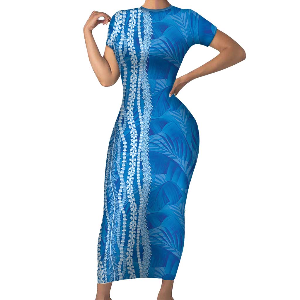 Hawaii Prince Kuhio Family Matching Short Sleeve Bodycon Dress and Hawaiian Shirt Blue Hawaiian Lau Maia With Leis