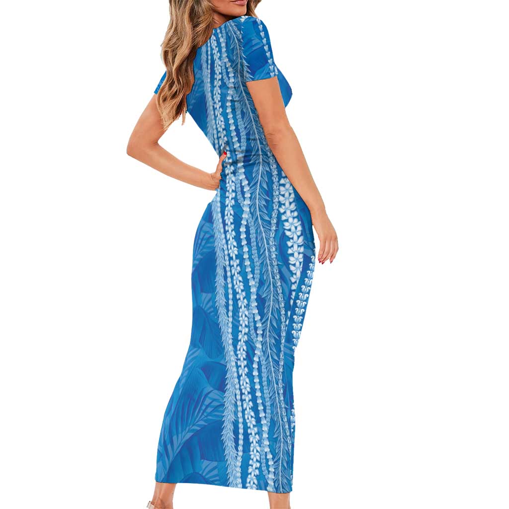 Hawaii Prince Kuhio Family Matching Short Sleeve Bodycon Dress and Hawaiian Shirt Blue Hawaiian Lau Maia With Leis