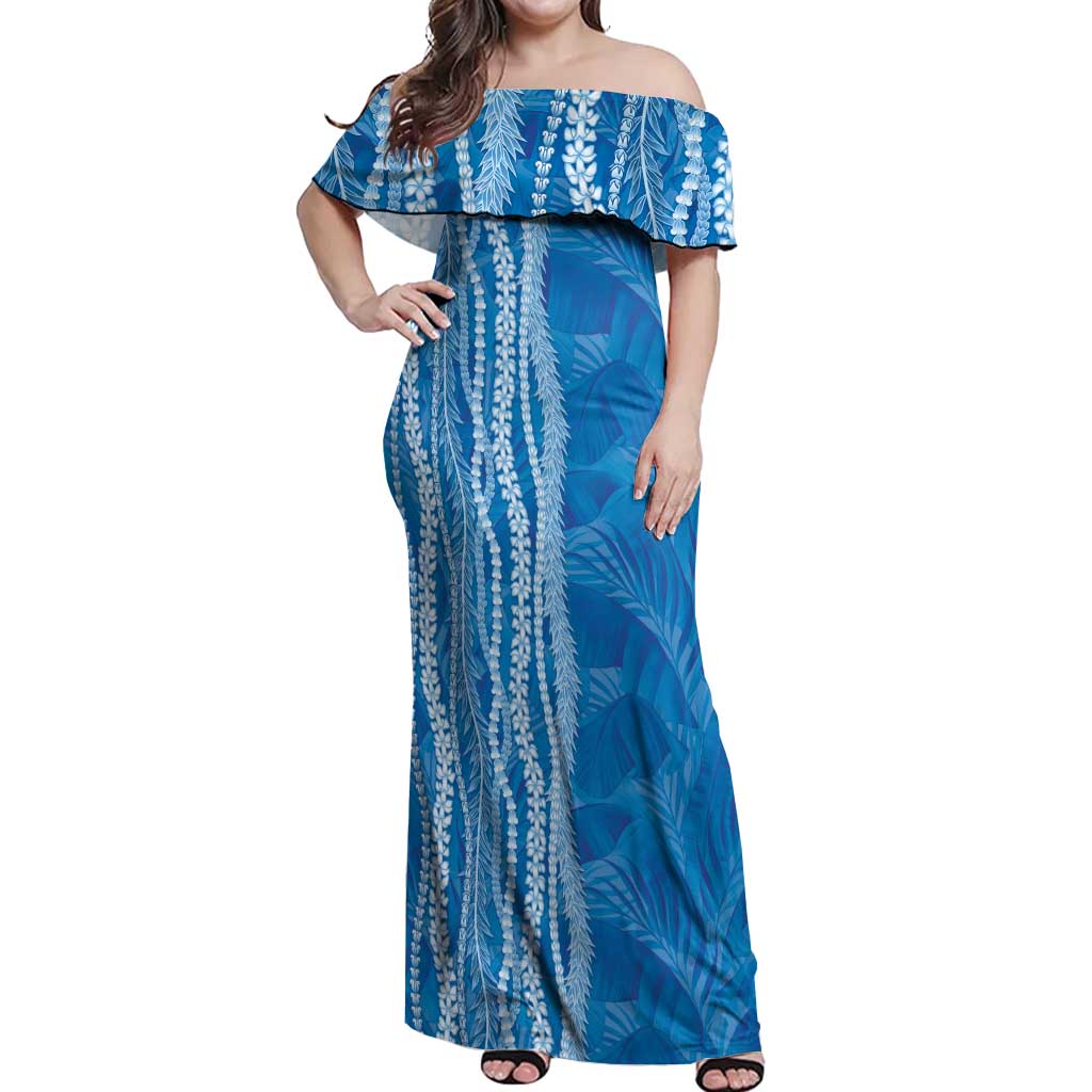 Hawaii Prince Kuhio Off Shoulder Maxi Dress Blue Hawaiian Lau Maia With Leis