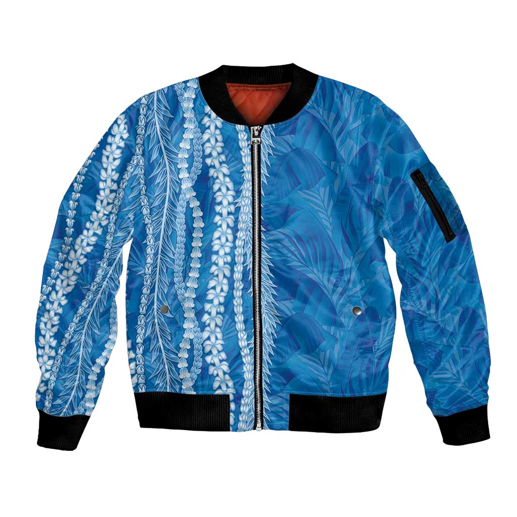Hawaii Prince Kuhio Sleeve Zip Bomber Jacket Blue Hawaiian Lau Maia With Leis LT05 Unisex Blue - Polynesian Pride