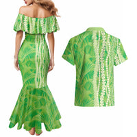 Hawaii Prince Kuhio Couples Matching Mermaid Dress and Hawaiian Shirt Lime Green Hawaiian Lau Maia With Leis
