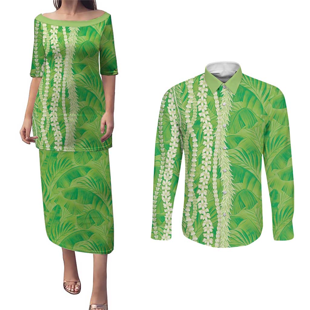 Hawaii Prince Kuhio Couples Matching Puletasi and Long Sleeve Button Shirt Lime Green Hawaiian Lau Maia With Leis