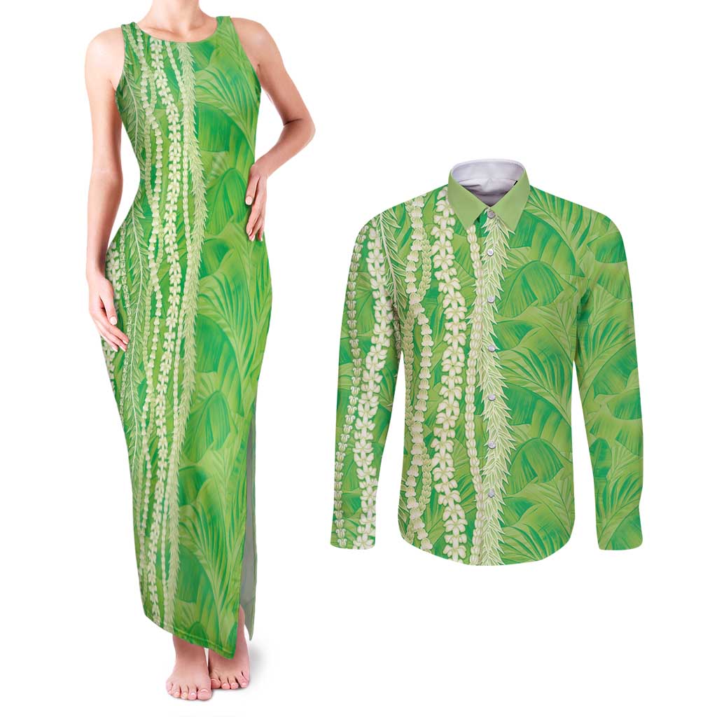 Hawaii Prince Kuhio Couples Matching Tank Maxi Dress and Long Sleeve Button Shirt Lime Green Hawaiian Lau Maia With Leis