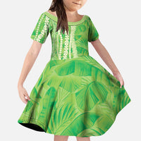Hawaii Prince Kuhio Family Matching Long Sleeve Bodycon Dress and Hawaiian Shirt Lime Green Hawaiian Lau Maia With Leis LT05 Daughter's Dress Green - Polynesian Pride