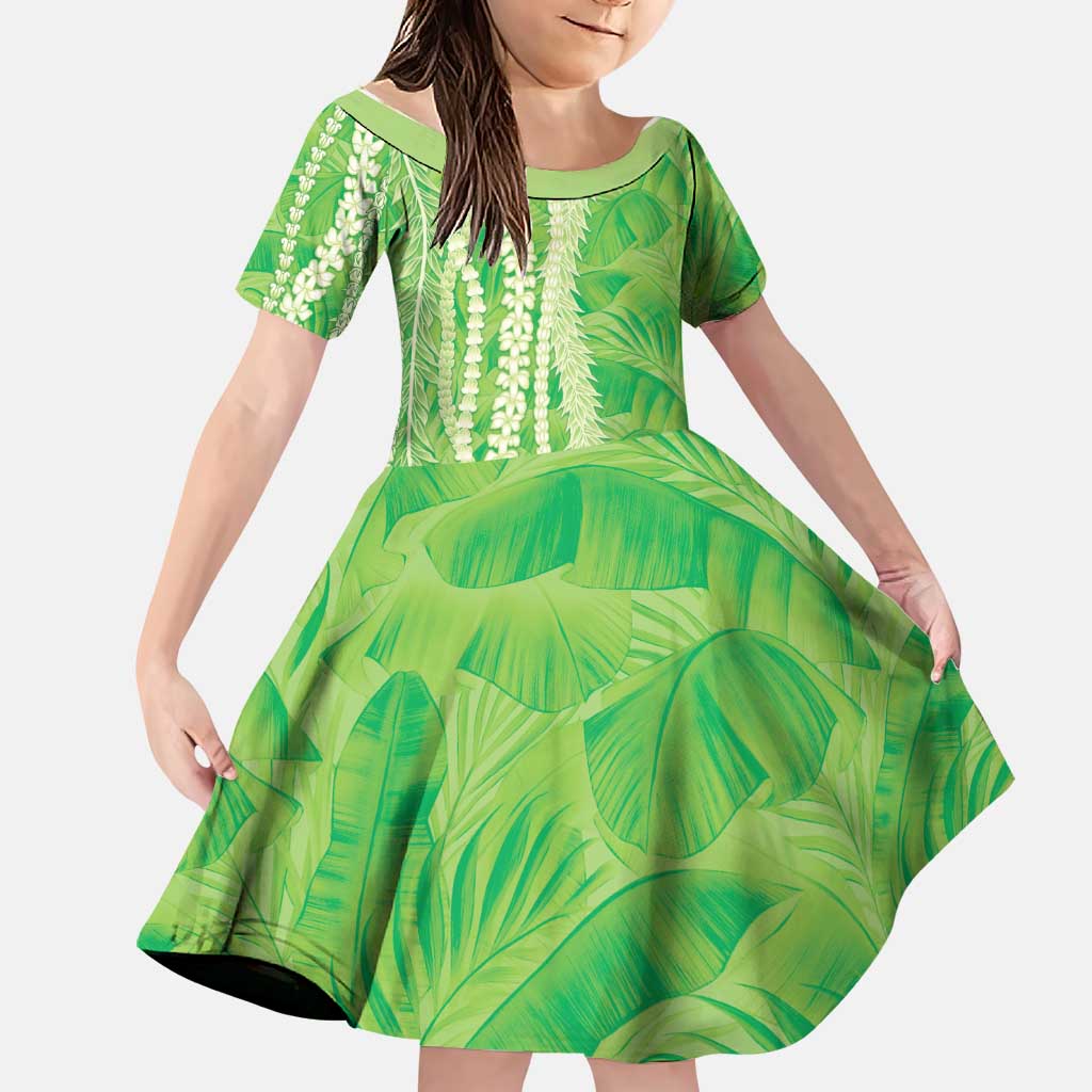 Hawaii Prince Kuhio Family Matching Tank Maxi Dress and Hawaiian Shirt Lime Green Hawaiian Lau Maia With Leis LT05 Daughter's Dress Green - Polynesian Pride