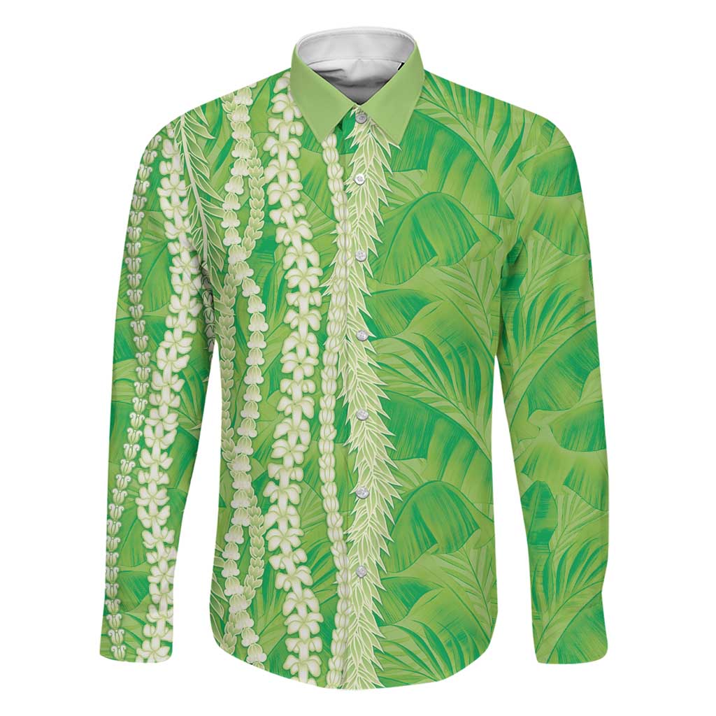 Hawaii Prince Kuhio Family Matching Tank Maxi Dress and Hawaiian Shirt Lime Green Hawaiian Lau Maia With Leis LT05 Dad's Shirt - Long Sleeve Green - Polynesian Pride