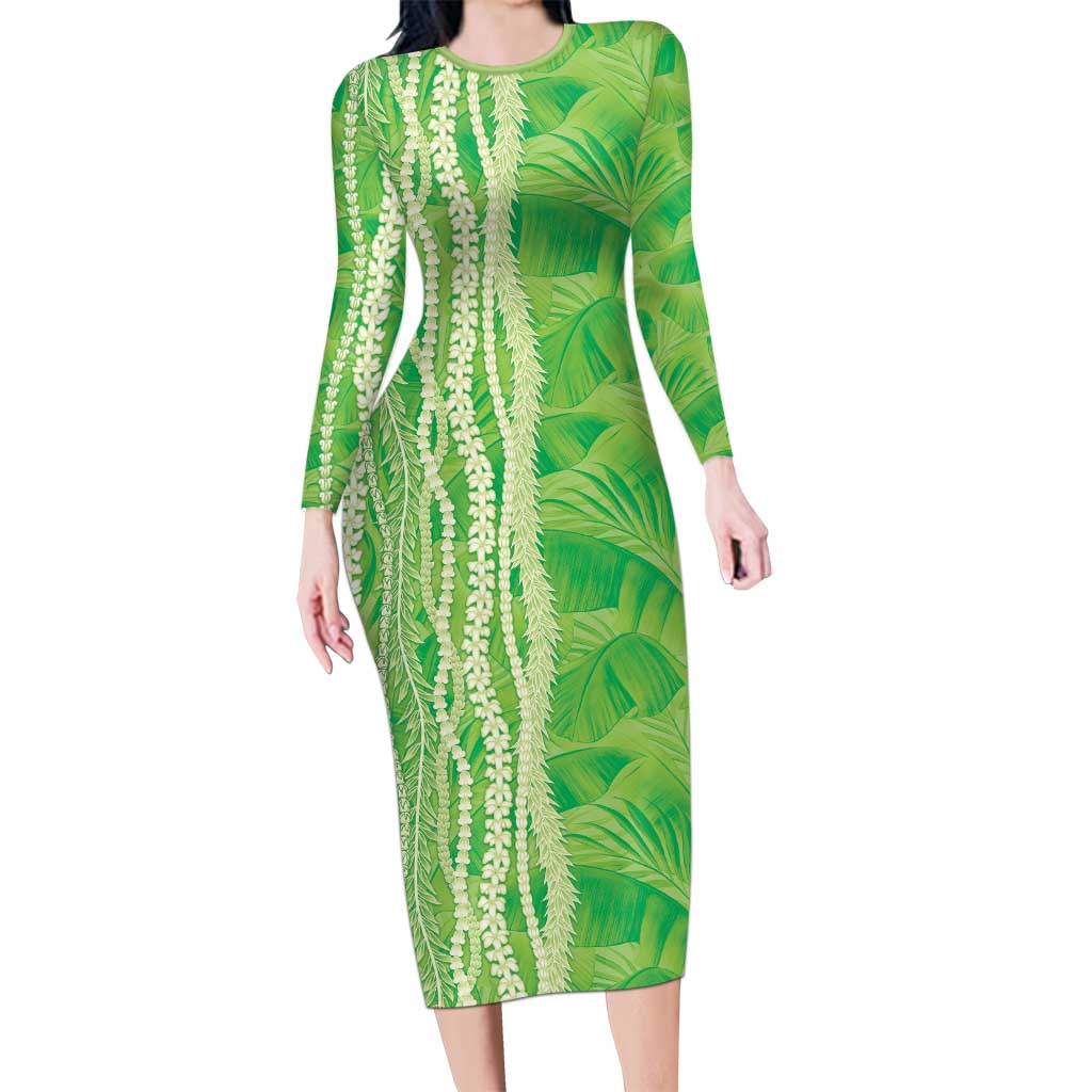 Hawaii Prince Kuhio Long Sleeve Bodycon Dress Lime Green Hawaiian Lau Maia With Leis LT05 Long Dress Green - Polynesian Pride