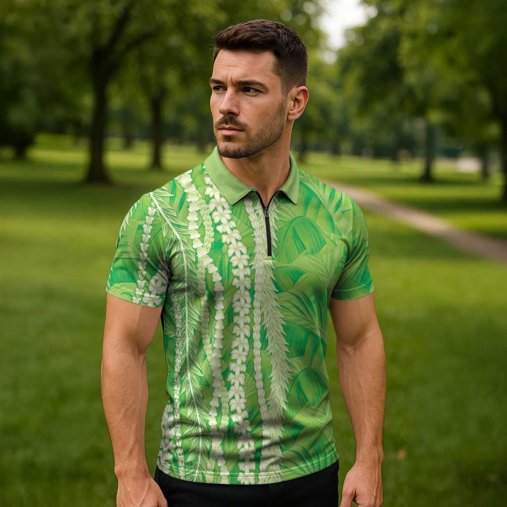 Hawaii Prince Kuhio Zipper Polo Shirt Lime Green Hawaiian Lau Maia With Leis