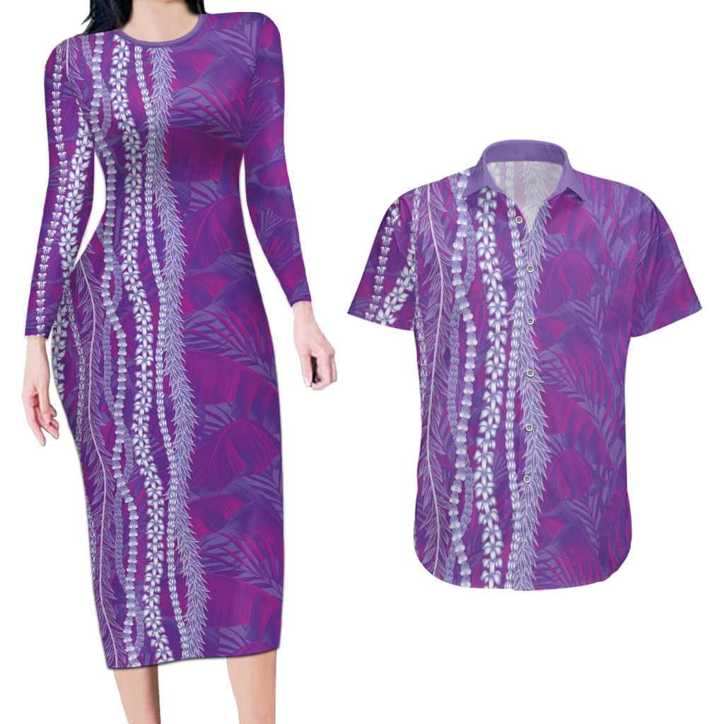 Hawaii Prince Kuhio Couples Matching Long Sleeve Bodycon Dress and Hawaiian Shirt Violet Hawaiian Lau Maia With Leis