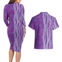 Hawaii Prince Kuhio Couples Matching Long Sleeve Bodycon Dress and Hawaiian Shirt Violet Hawaiian Lau Maia With Leis