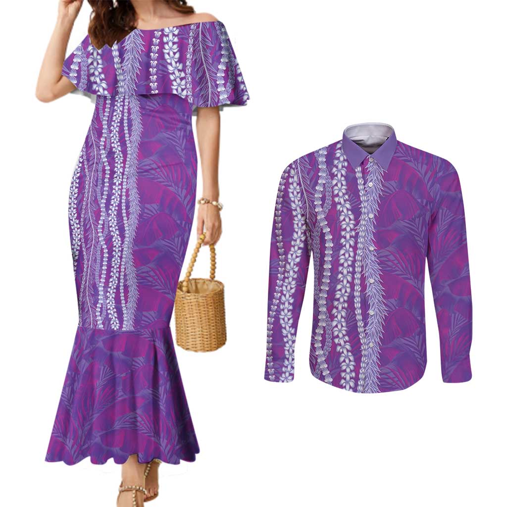 Hawaii Prince Kuhio Couples Matching Mermaid Dress and Long Sleeve Button Shirt Violet Hawaiian Lau Maia With Leis