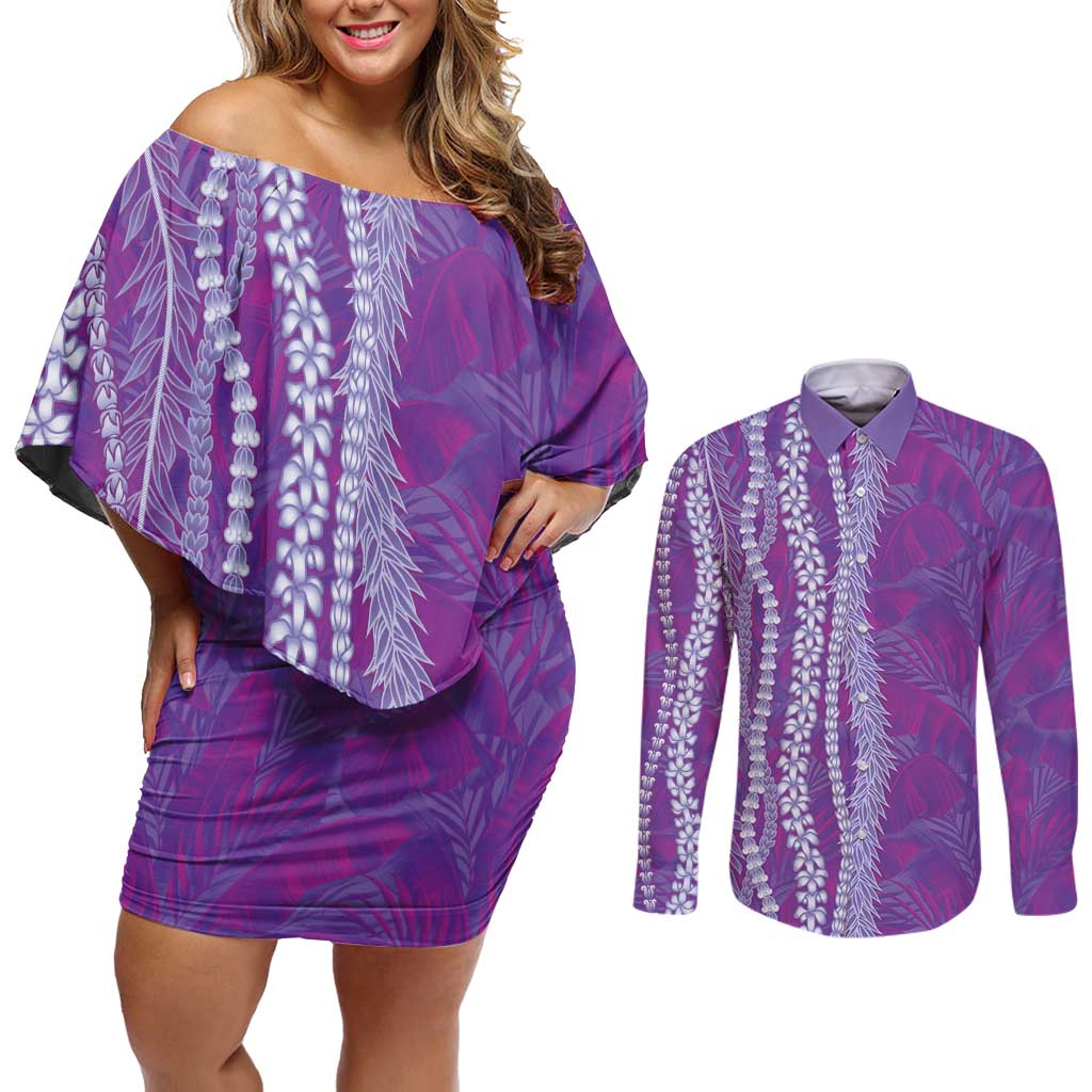 Hawaii Prince Kuhio Couples Matching Off Shoulder Short Dress and Long Sleeve Button Shirt Violet Hawaiian Lau Maia With Leis