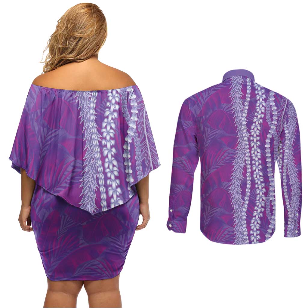 Hawaii Prince Kuhio Couples Matching Off Shoulder Short Dress and Long Sleeve Button Shirt Violet Hawaiian Lau Maia With Leis