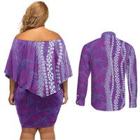 Hawaii Prince Kuhio Couples Matching Off Shoulder Short Dress and Long Sleeve Button Shirt Violet Hawaiian Lau Maia With Leis