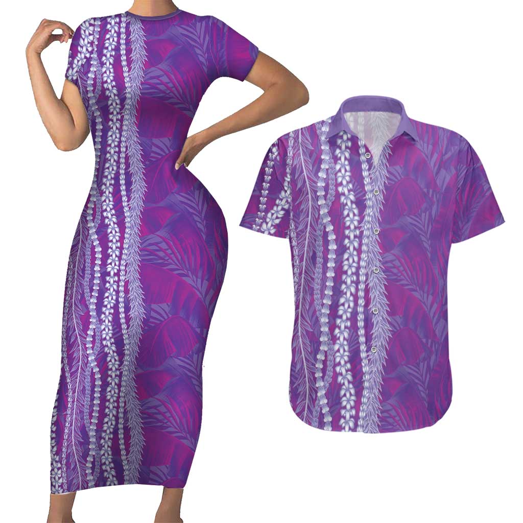 Hawaii Prince Kuhio Couples Matching Short Sleeve Bodycon Dress and Hawaiian Shirt Violet Hawaiian Lau Maia With Leis