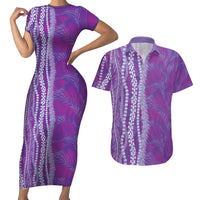 Hawaii Prince Kuhio Couples Matching Short Sleeve Bodycon Dress and Hawaiian Shirt Violet Hawaiian Lau Maia With Leis