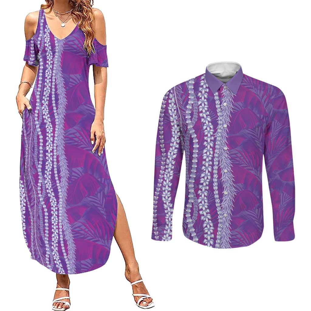 Hawaii Prince Kuhio Couples Matching Summer Maxi Dress and Long Sleeve Button Shirt Violet Hawaiian Lau Maia With Leis