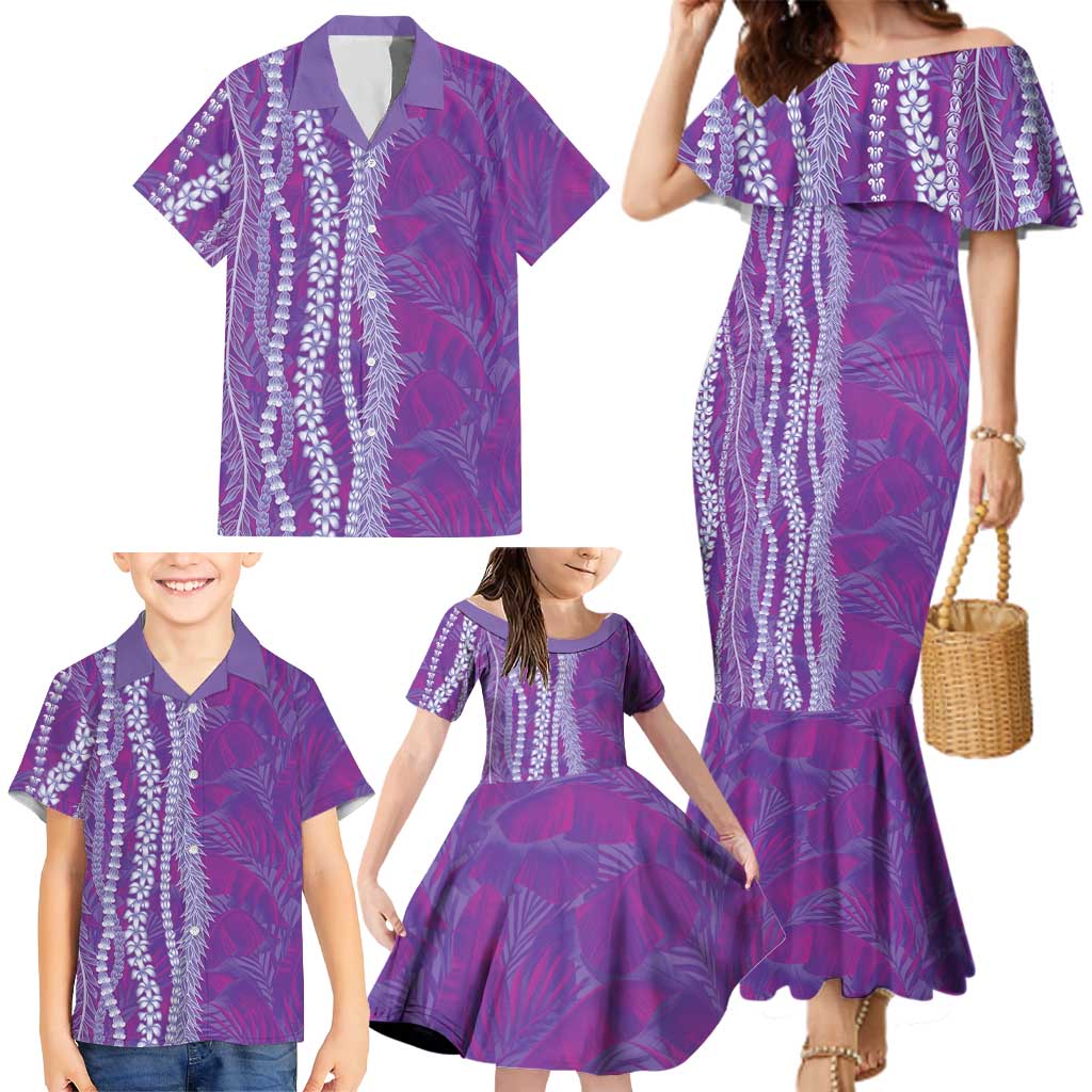 Hawaii Prince Kuhio Family Matching Mermaid Dress and Hawaiian Shirt Violet Hawaiian Lau Maia With Leis LT05 - Polynesian Pride