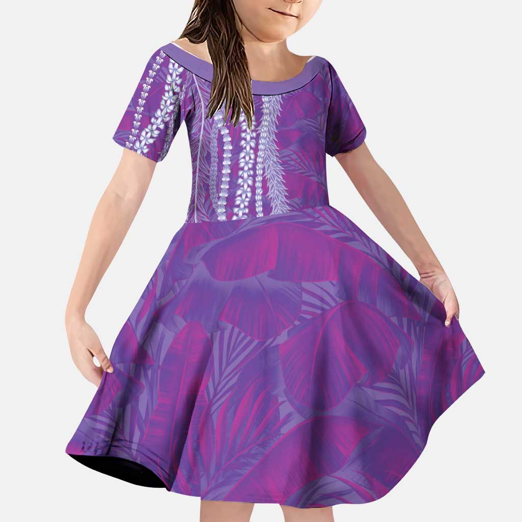 Hawaii Prince Kuhio Family Matching Off Shoulder Maxi Dress and Hawaiian Shirt Violet Hawaiian Lau Maia With Leis LT05 Daughter's Dress Violet - Polynesian Pride